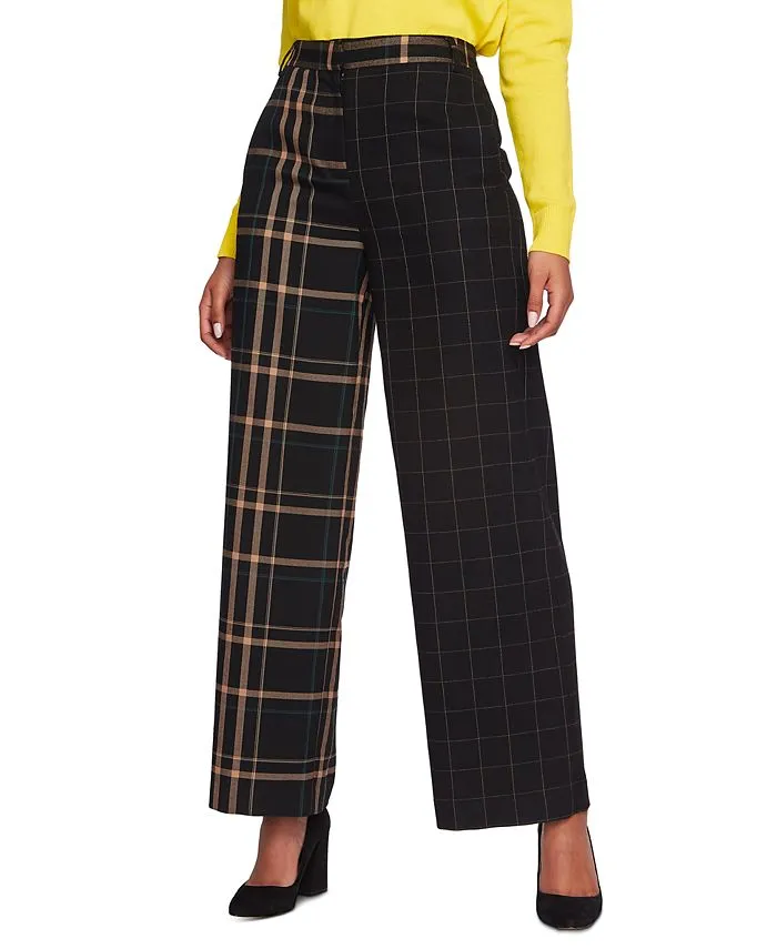 1.STATE Women's Mixed Check Wide Leg Pants Black Size 12