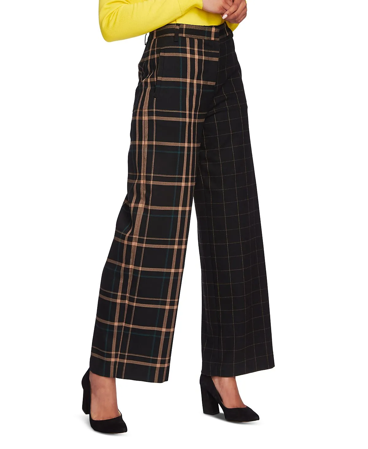 1.STATE Women's Mixed Check Wide Leg Pants Black Size 12