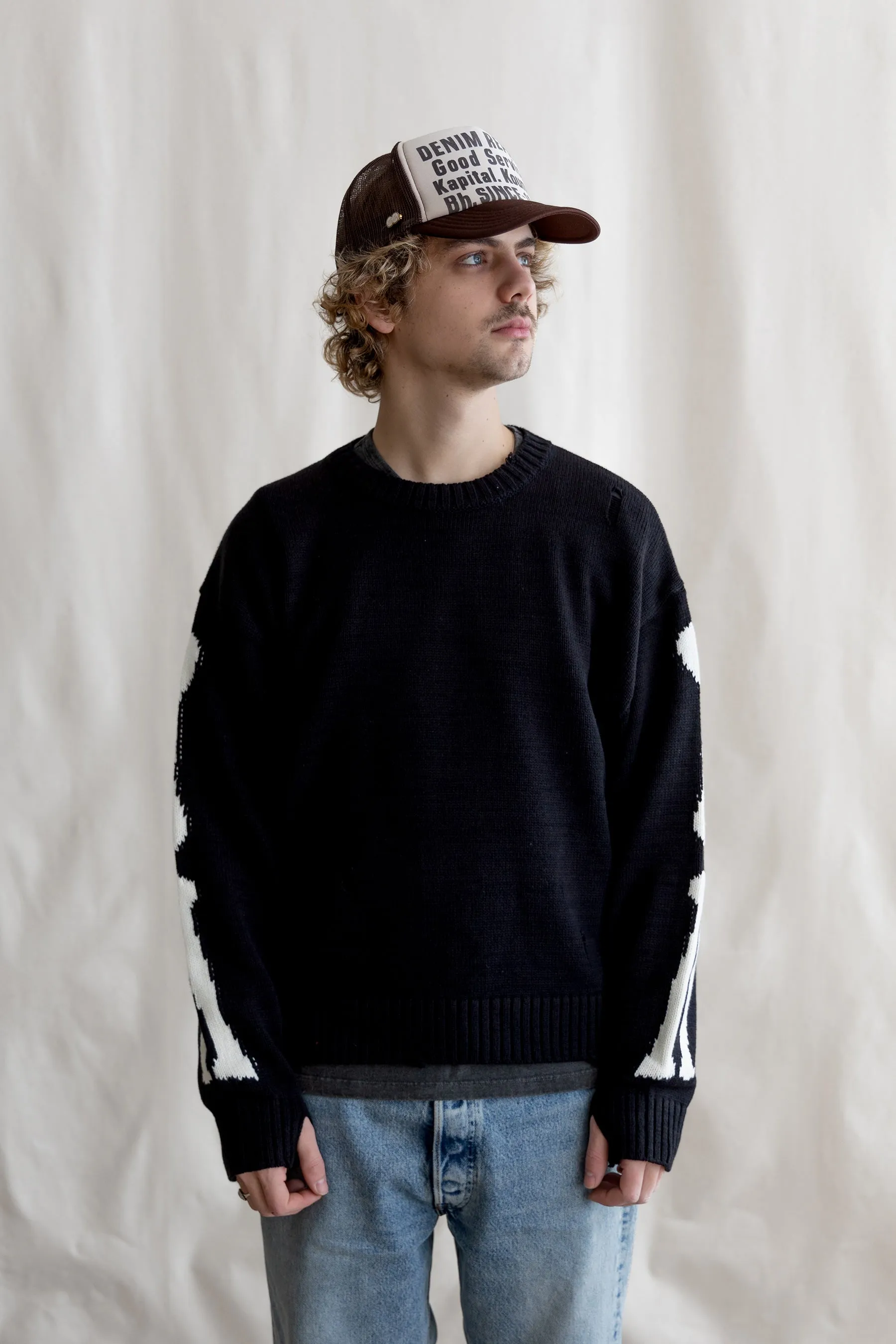 5G Cotton Knit BONE Crew Sweater - Black