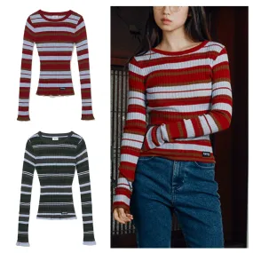 87MM  |Crew Neck Stripes Casual Style Street Style U-Neck