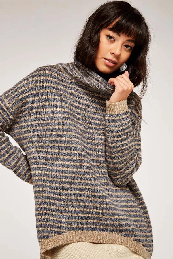 Apricot. High Neck Stripe Boucle Jumper