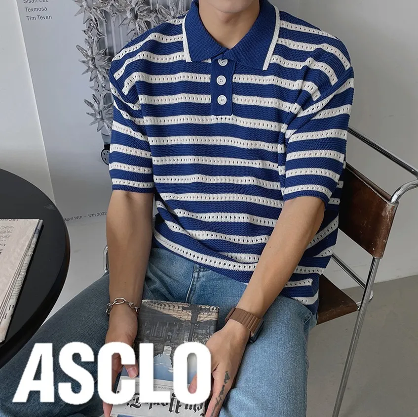 ASCLO  |Pullovers Stripes Unisex Street Style Short Sleeves