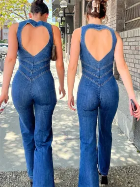 Ashore Shop Backless Heart Cutout Bodycon Jumpsuit For Women Casual Sleeveless Slim One-Piece Outfits Retro Denim Jumpsuits New 