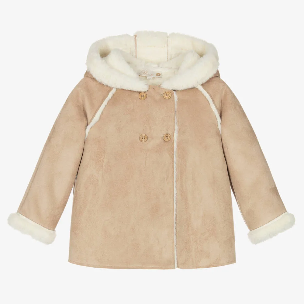 Beige Faux Suede & Faux Fur Hooded Coat