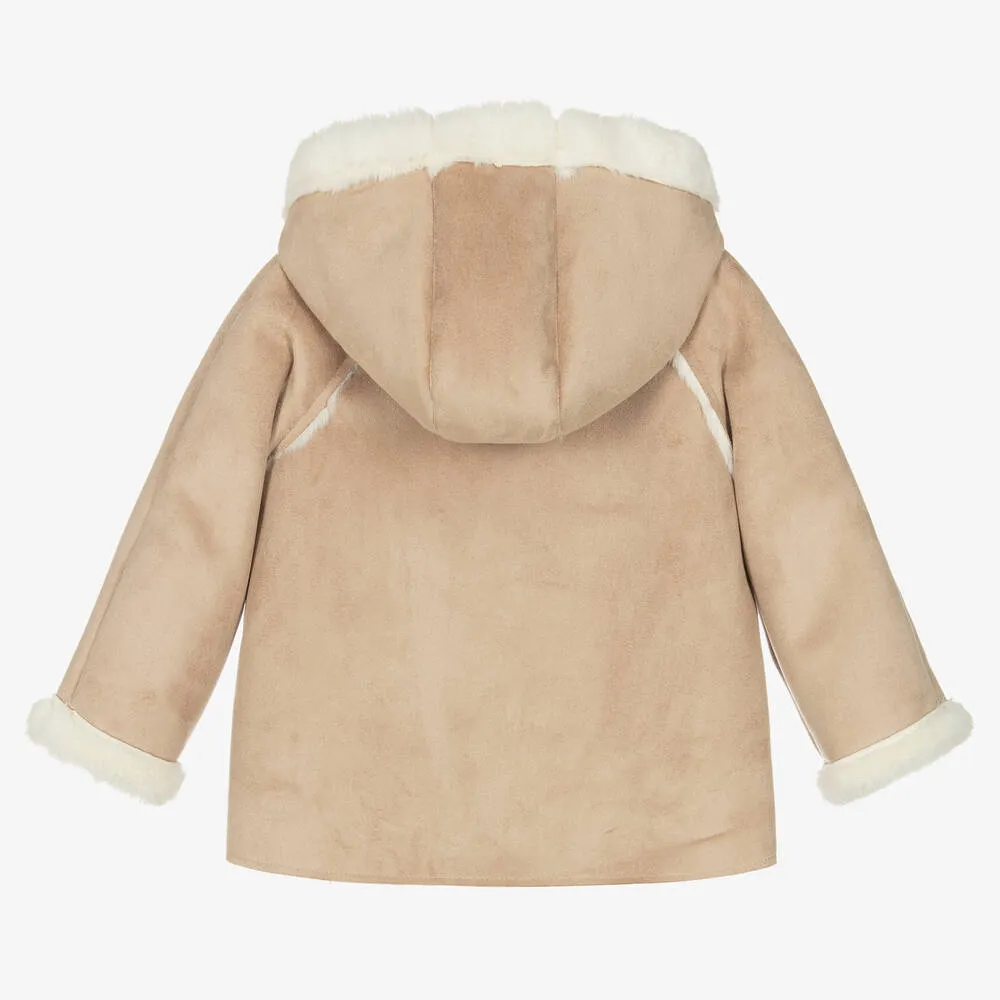 Beige Faux Suede & Faux Fur Hooded Coat