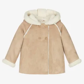 Beige Faux Suede & Faux Fur Hooded Coat