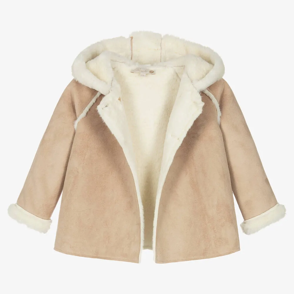 Beige Faux Suede & Faux Fur Hooded Coat