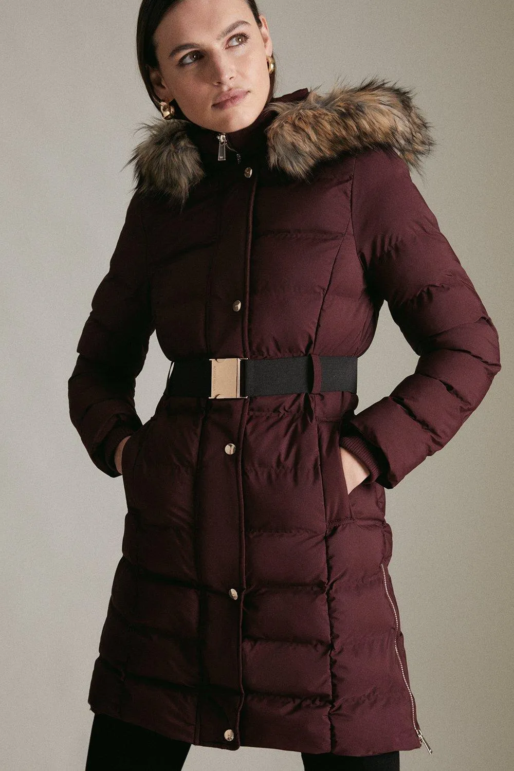 Belted Padded Faux Fur Hooded Coat | Karen Millen