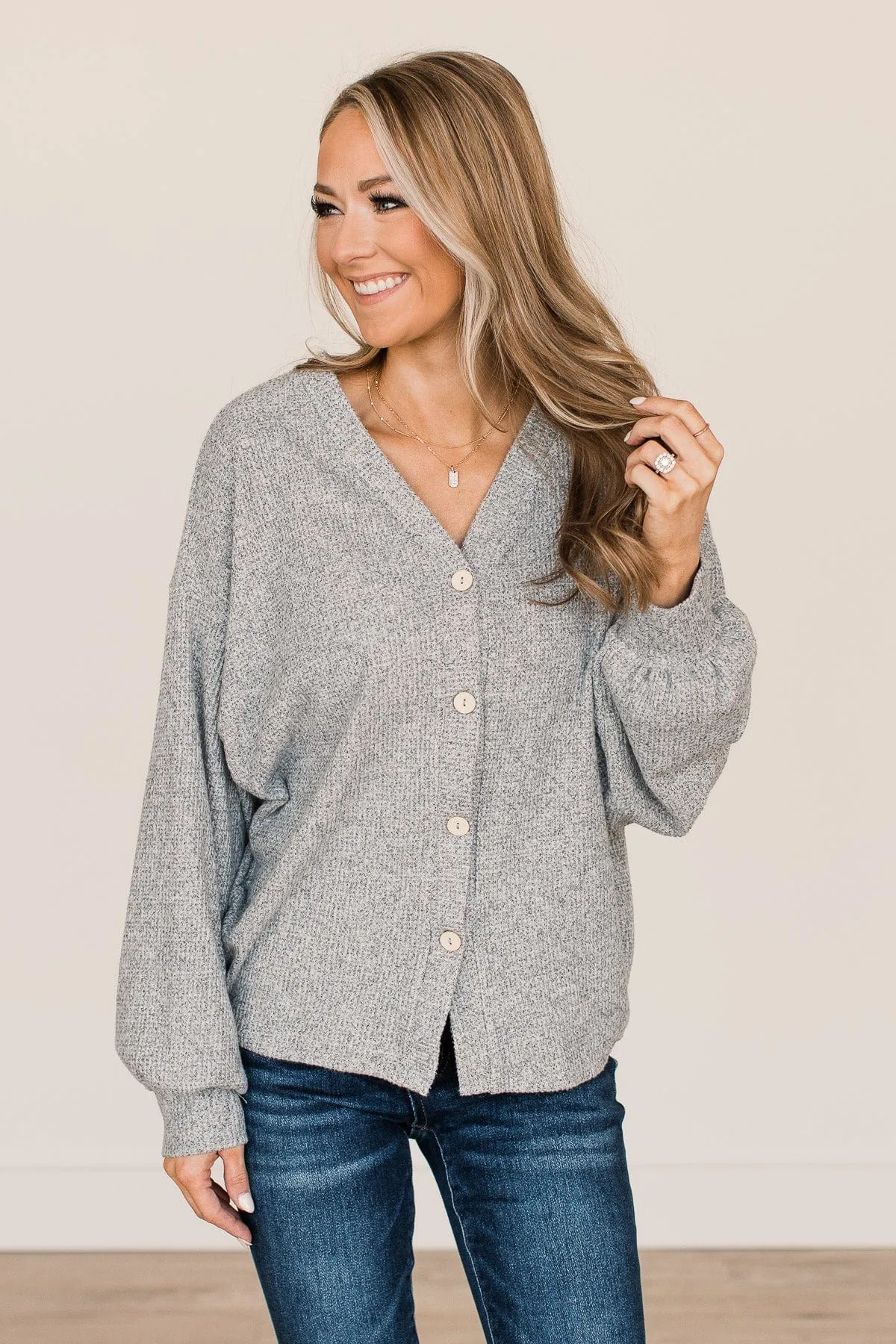 Better Days Knit Button Cardigan- Heather Grey