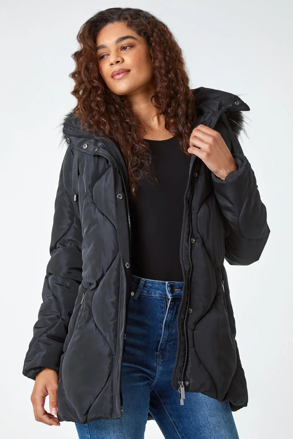 Black  Quilted Faux Fur Hooded Coat | Roman UK