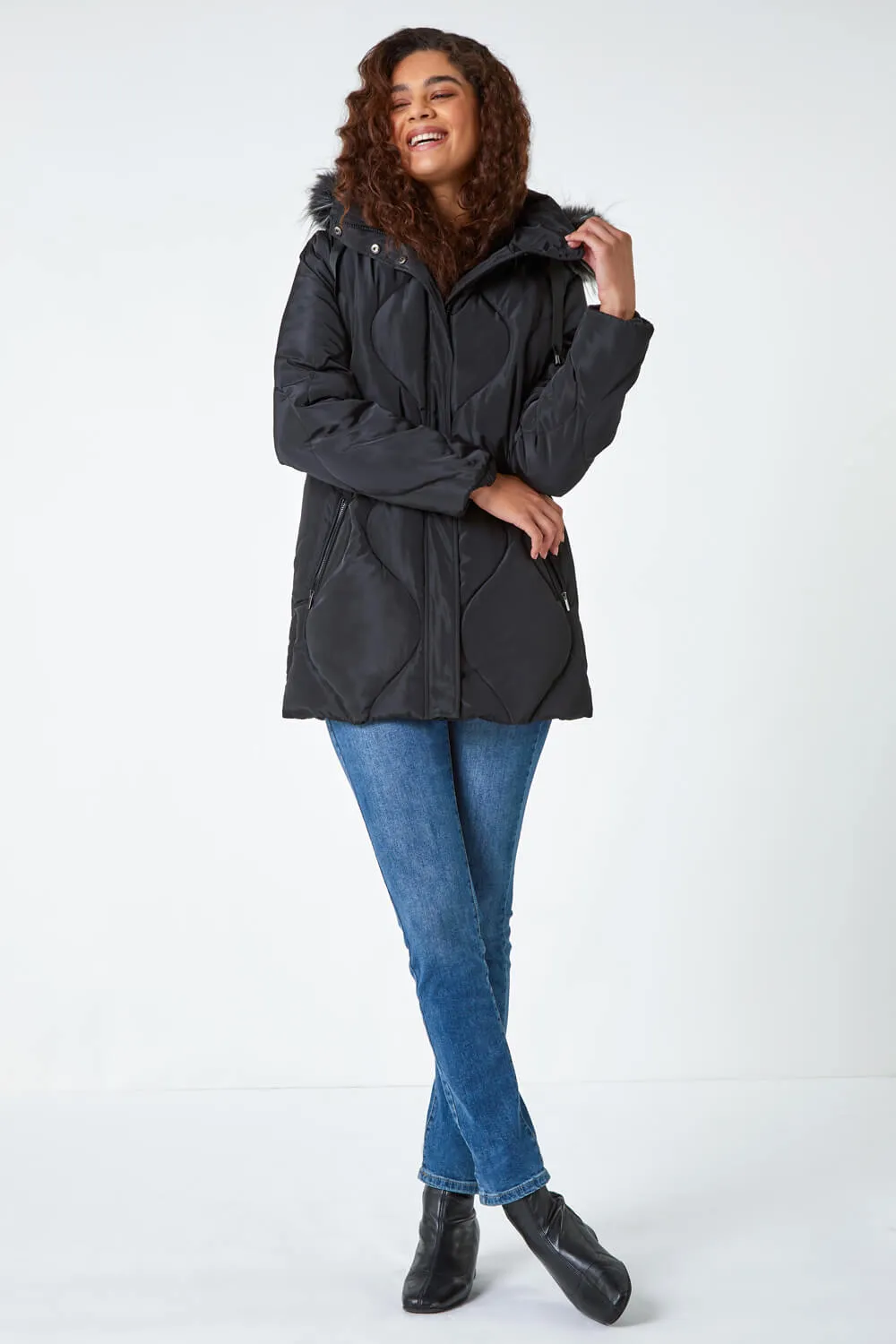 Black  Quilted Faux Fur Hooded Coat | Roman UK