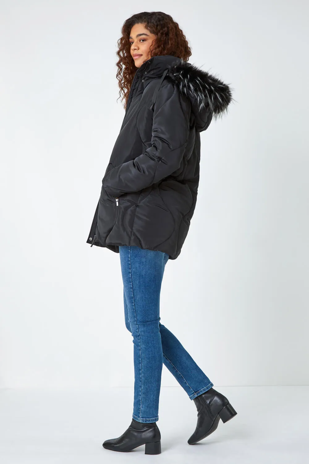 Black  Quilted Faux Fur Hooded Coat | Roman UK