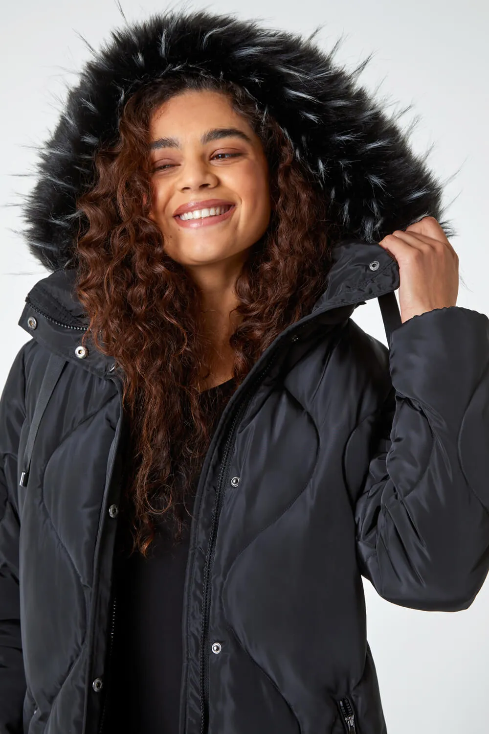 Black  Quilted Faux Fur Hooded Coat | Roman UK