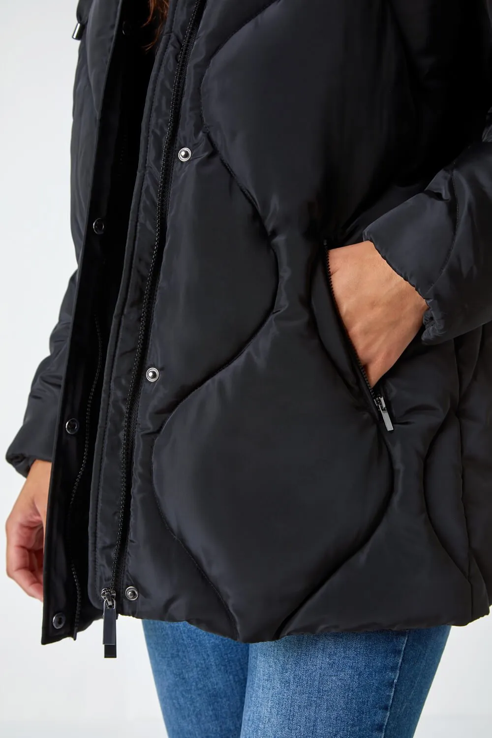 Black  Quilted Faux Fur Hooded Coat | Roman UK