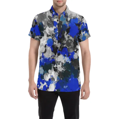 Blue and Grey Paint Splatter Short Sleeve Button Up Shirt