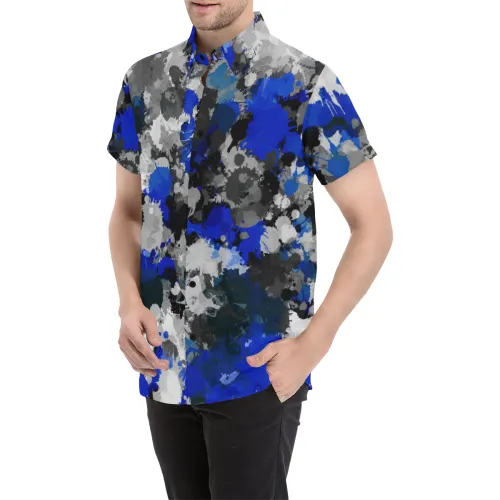 Blue and Grey Paint Splatter Short Sleeve Button Up Shirt