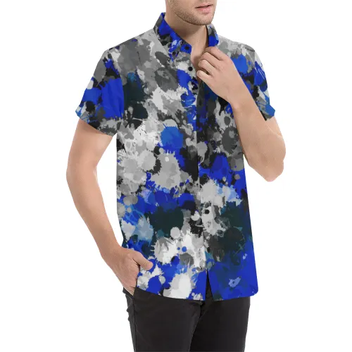 Blue and Grey Paint Splatter Short Sleeve Button Up Shirt