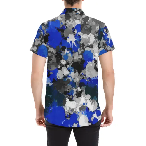 Blue and Grey Paint Splatter Short Sleeve Button Up Shirt