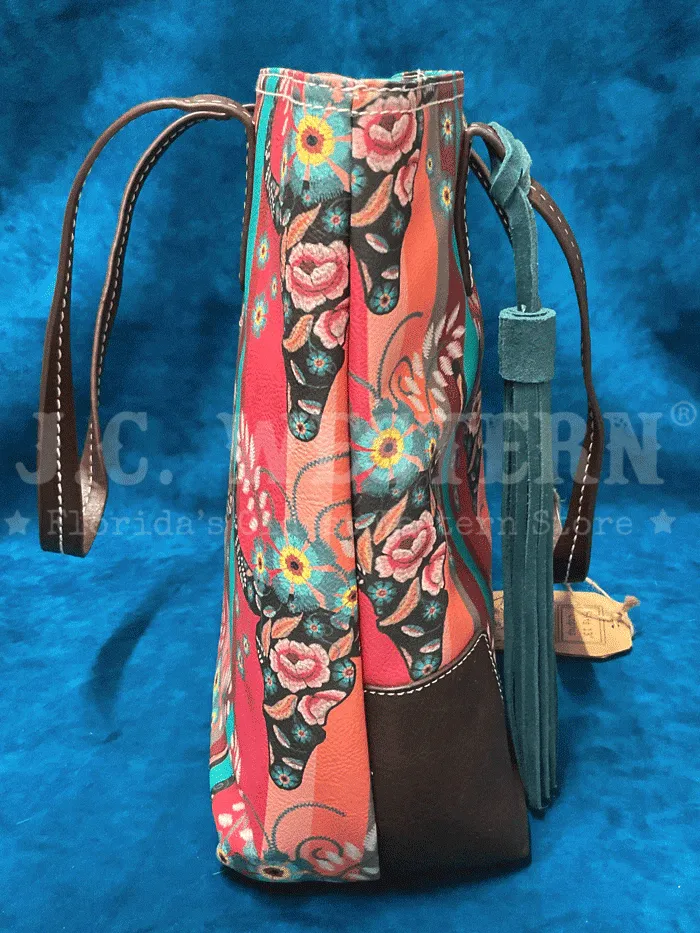 Catchfly 22035600MUL Womens Steer Head Print Tote Bag Turquoise And Coral