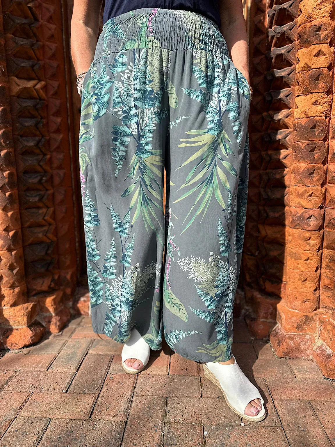 Charcoal Botanical Print Wide Leg Trousers