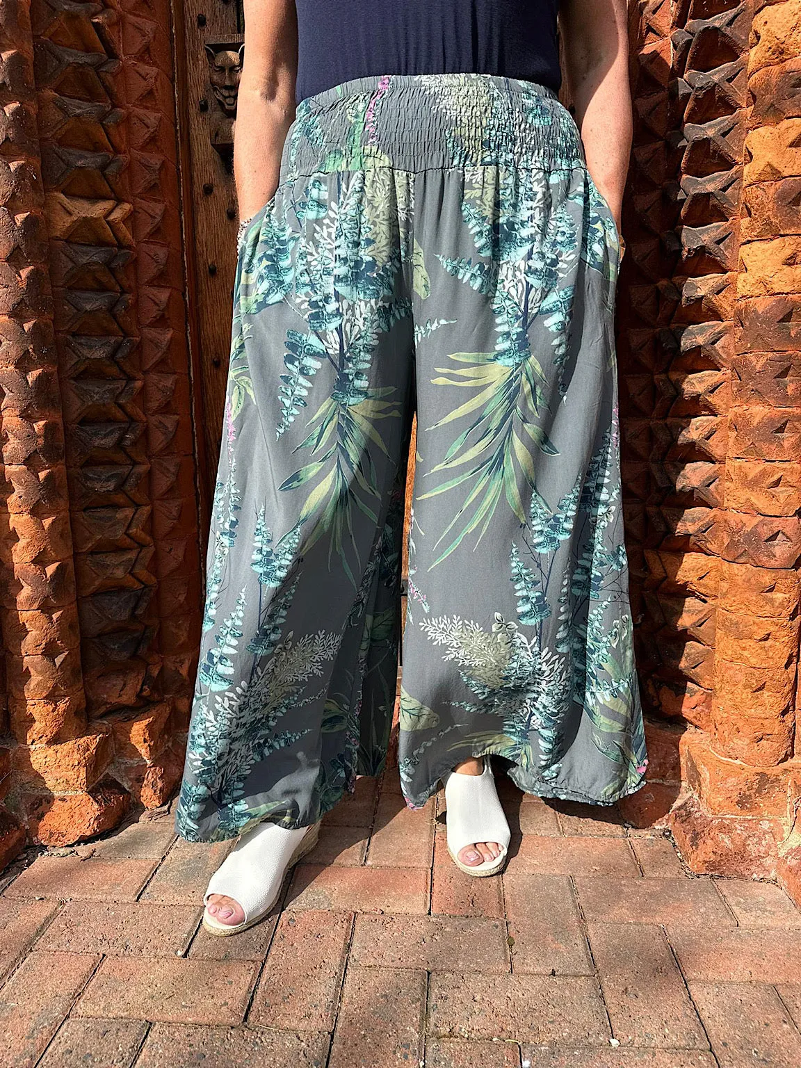 Charcoal Botanical Print Wide Leg Trousers