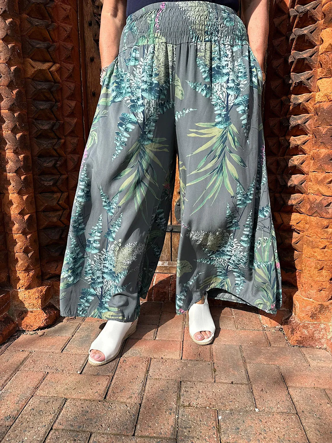 Charcoal Botanical Print Wide Leg Trousers