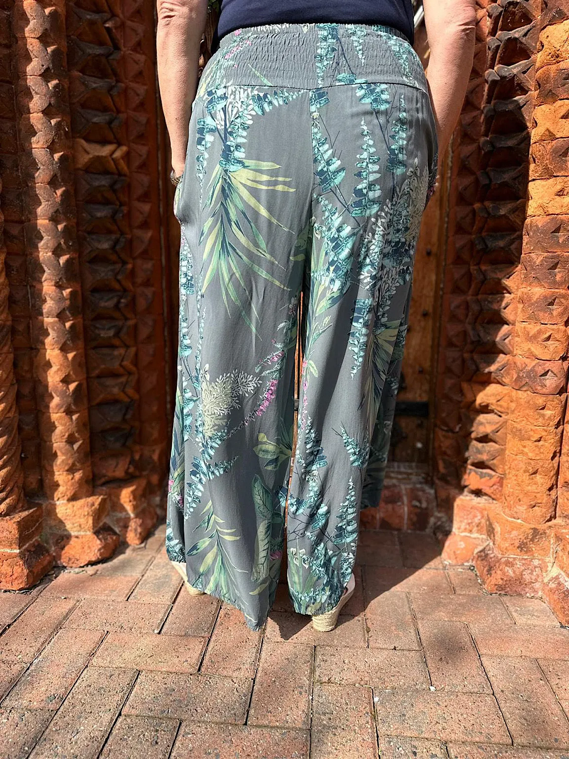 Charcoal Botanical Print Wide Leg Trousers