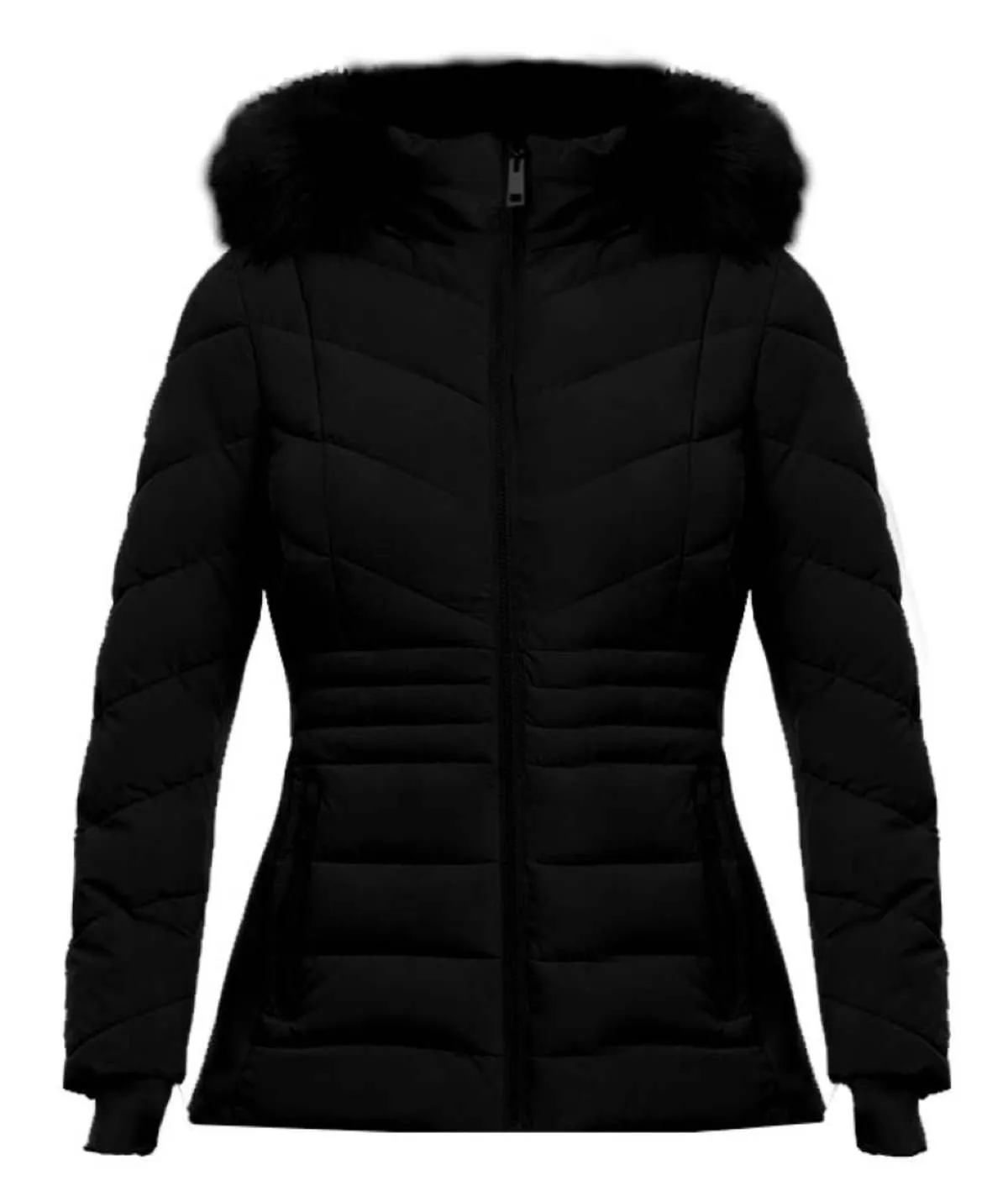 Chevron Faux Fur Hooded Coat - Black 