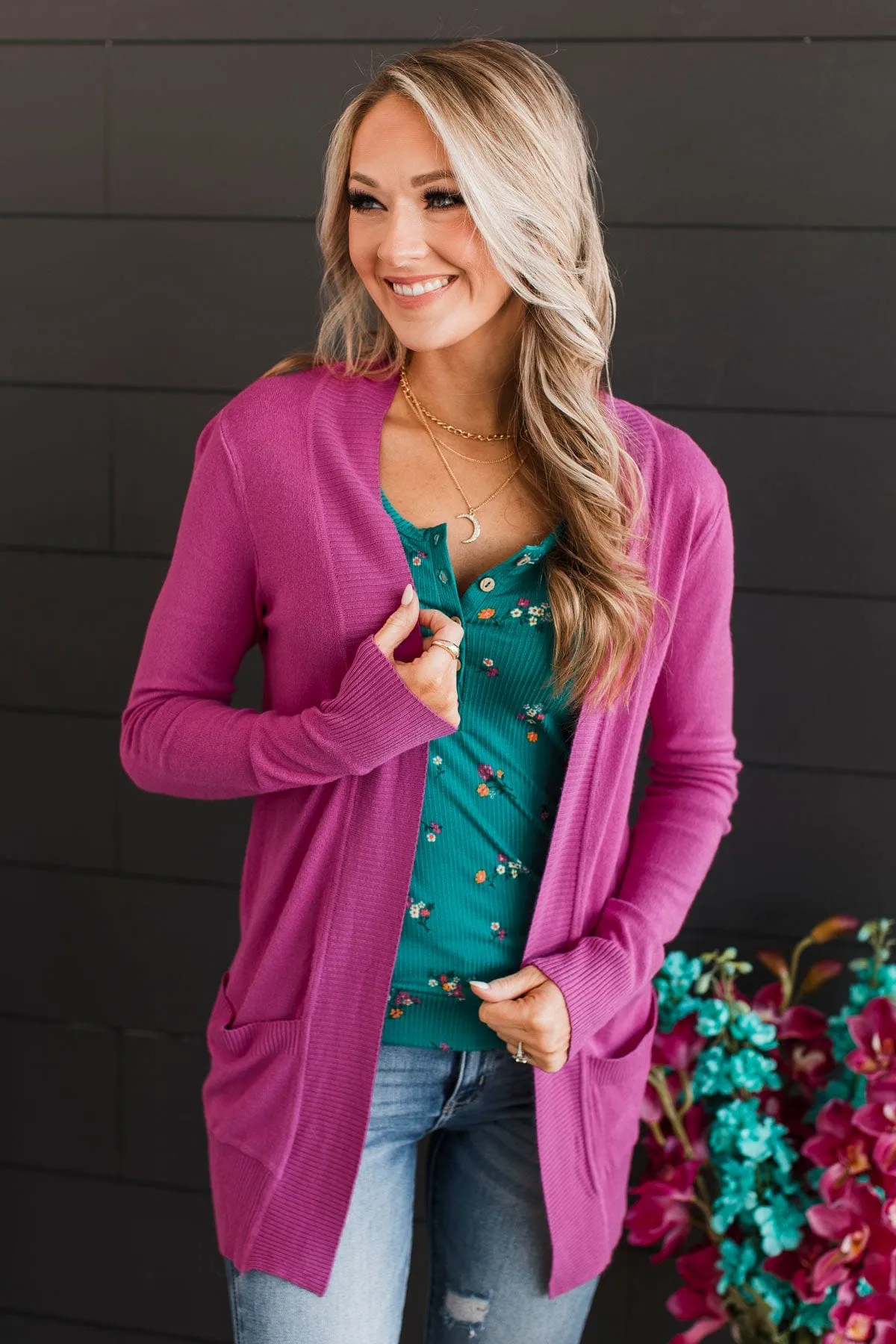 Comfortable With Myself Knit Cardigan- Fuchsia