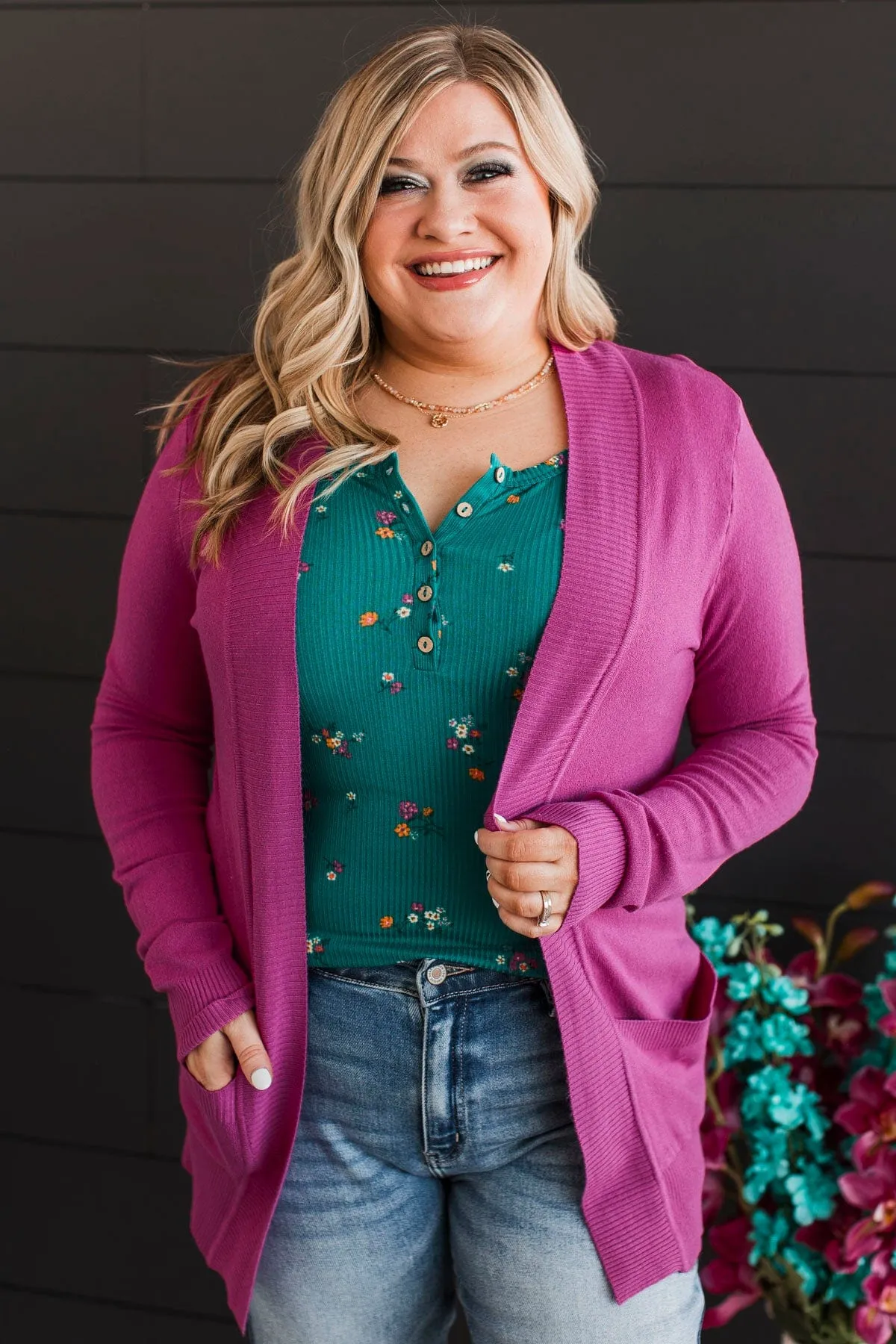 Comfortable With Myself Knit Cardigan- Fuchsia