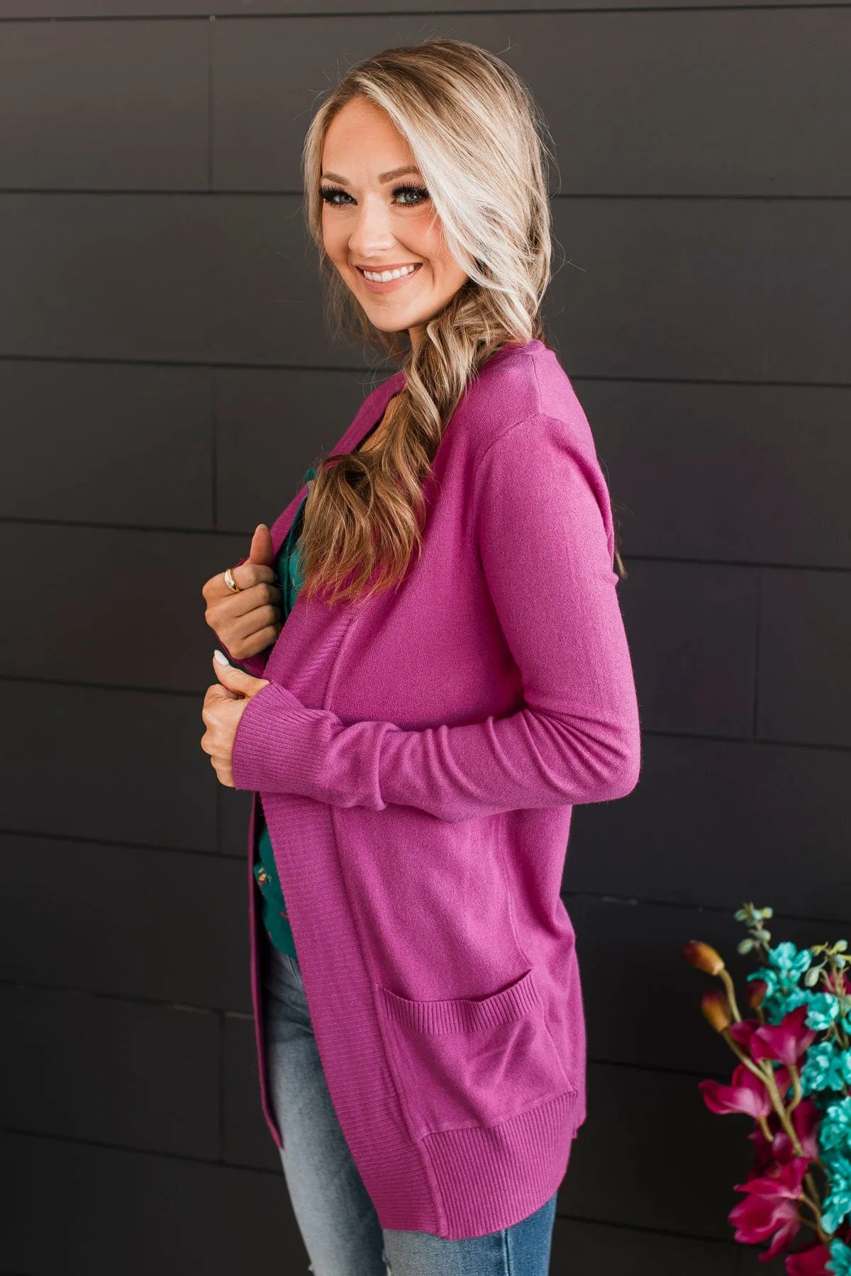 Comfortable With Myself Knit Cardigan- Fuchsia