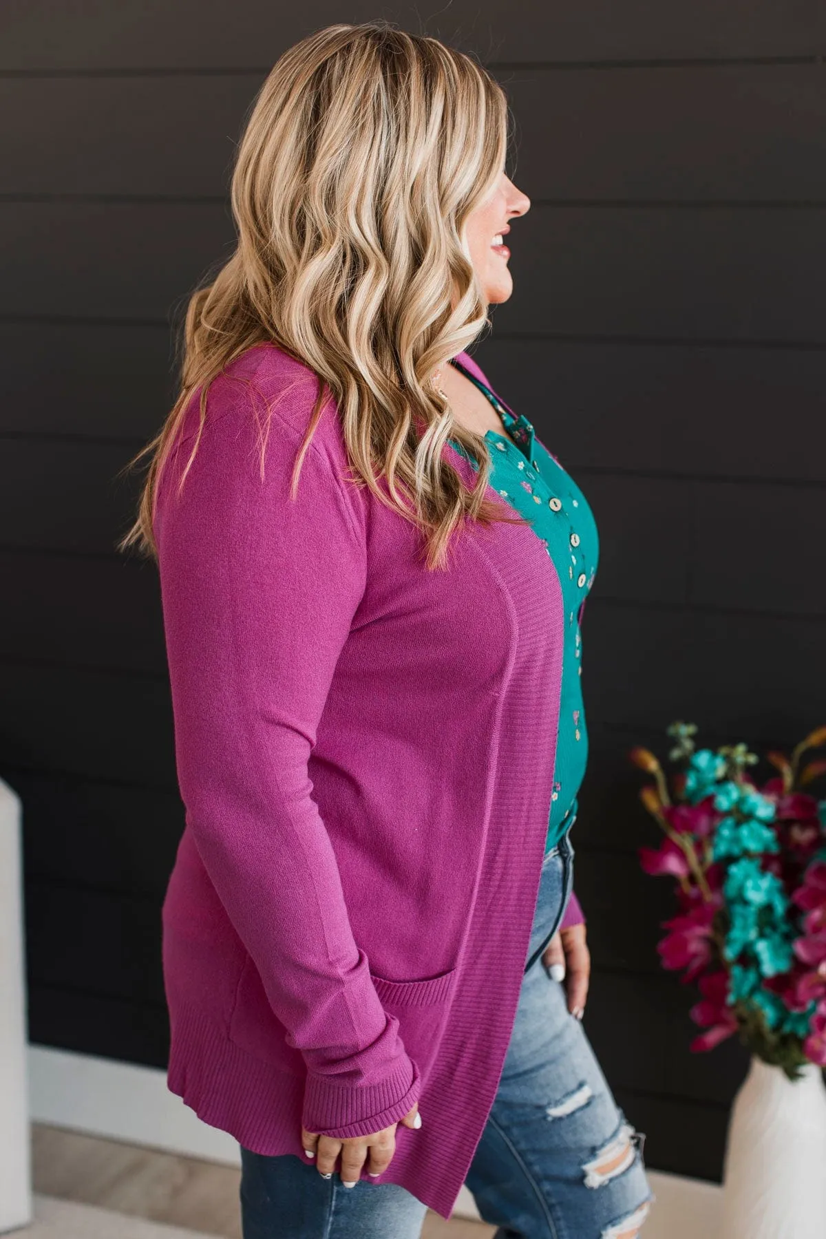 Comfortable With Myself Knit Cardigan- Fuchsia