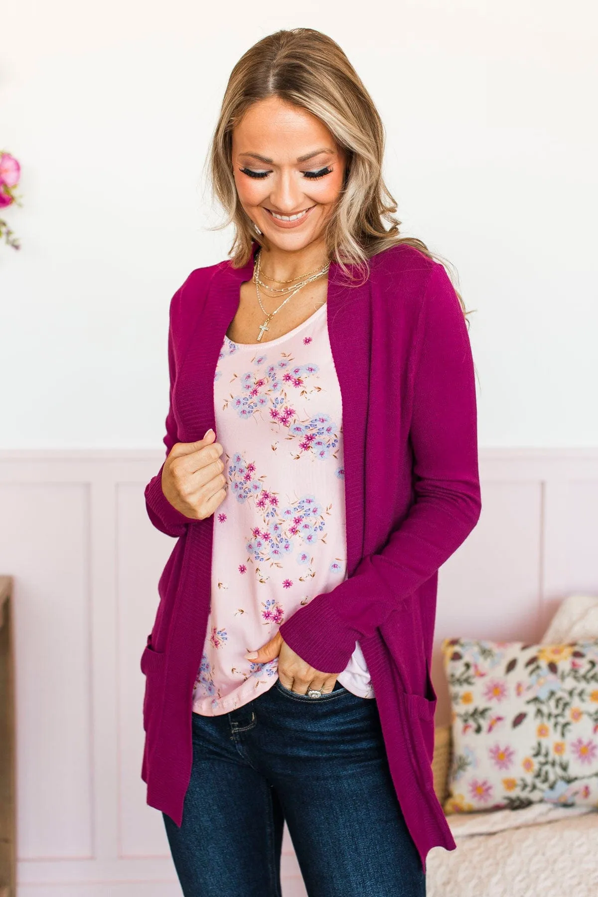 Comfortable With Myself Knit Cardigan- Magenta