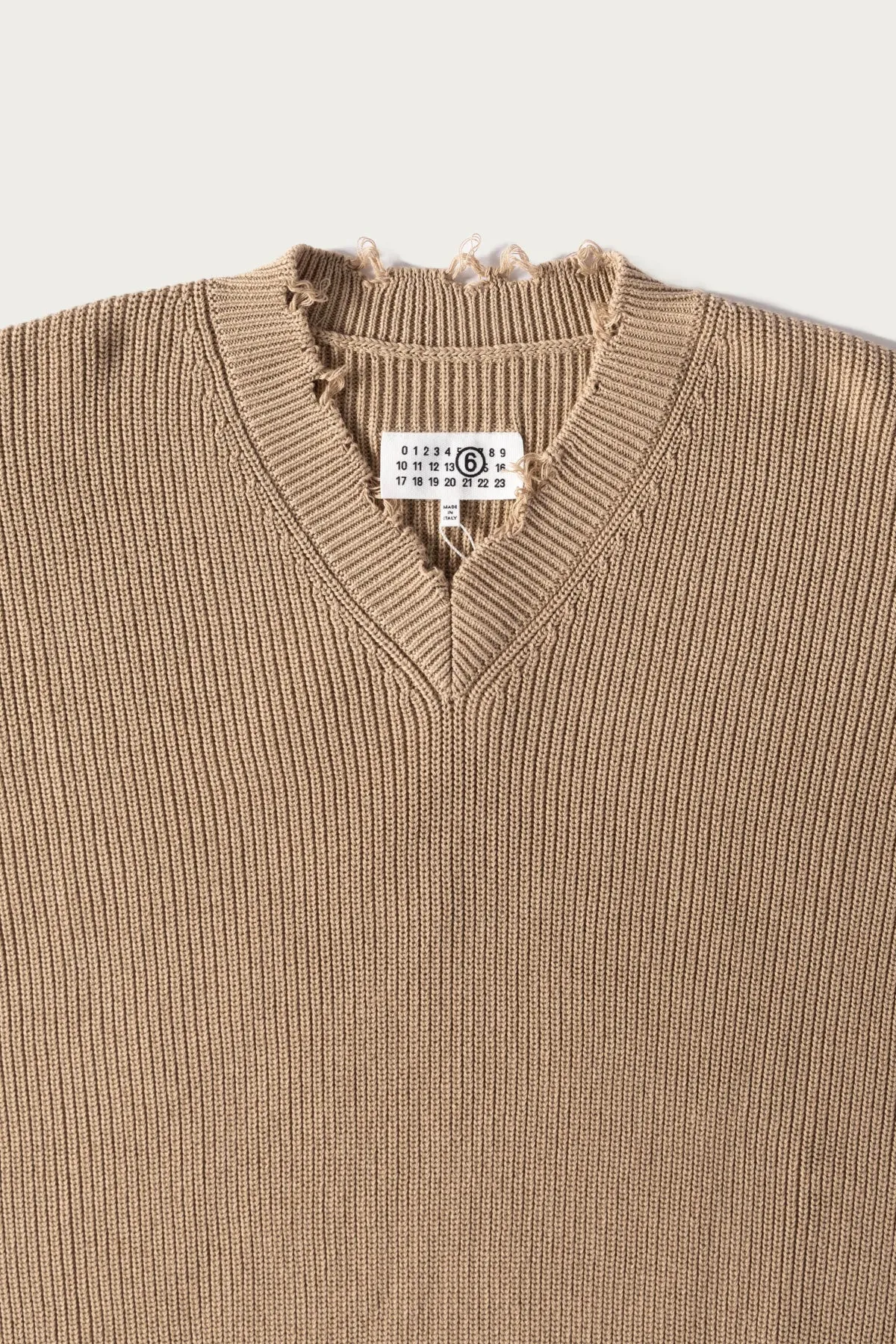 Distressed Knit V-Neck Sweater - Camel