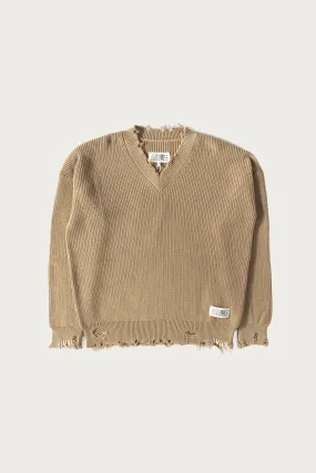 Distressed Knit V-Neck Sweater - Camel