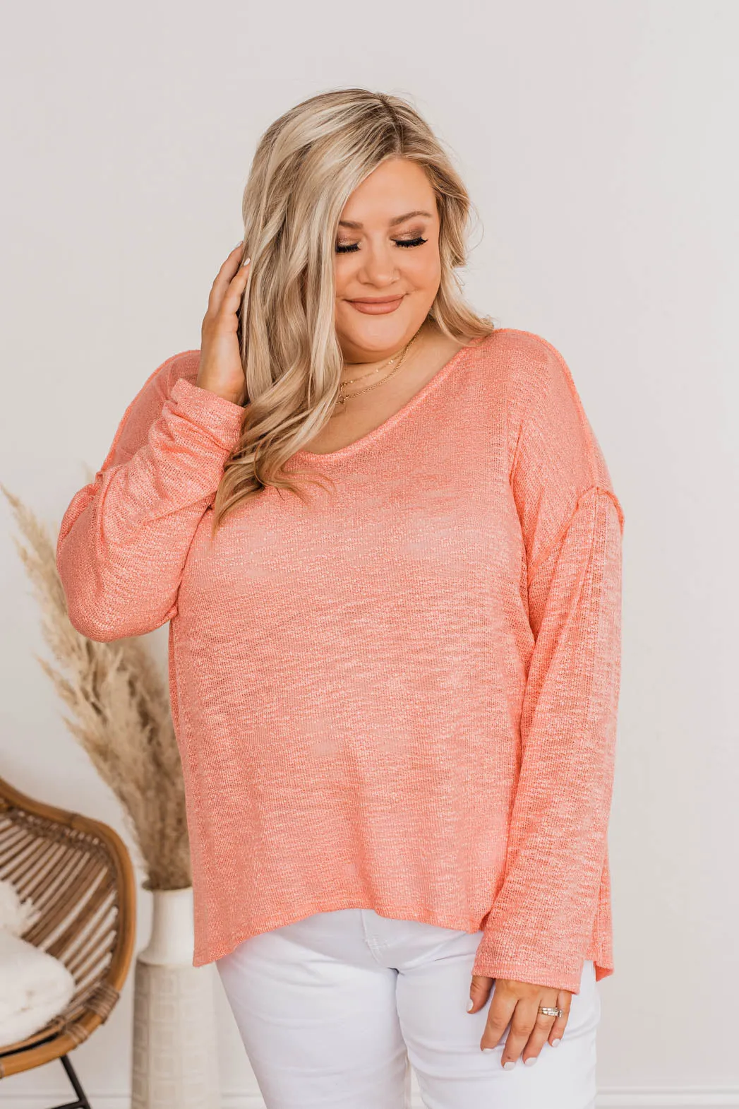 Feeling Breezy Sheer Knit Top- Coral