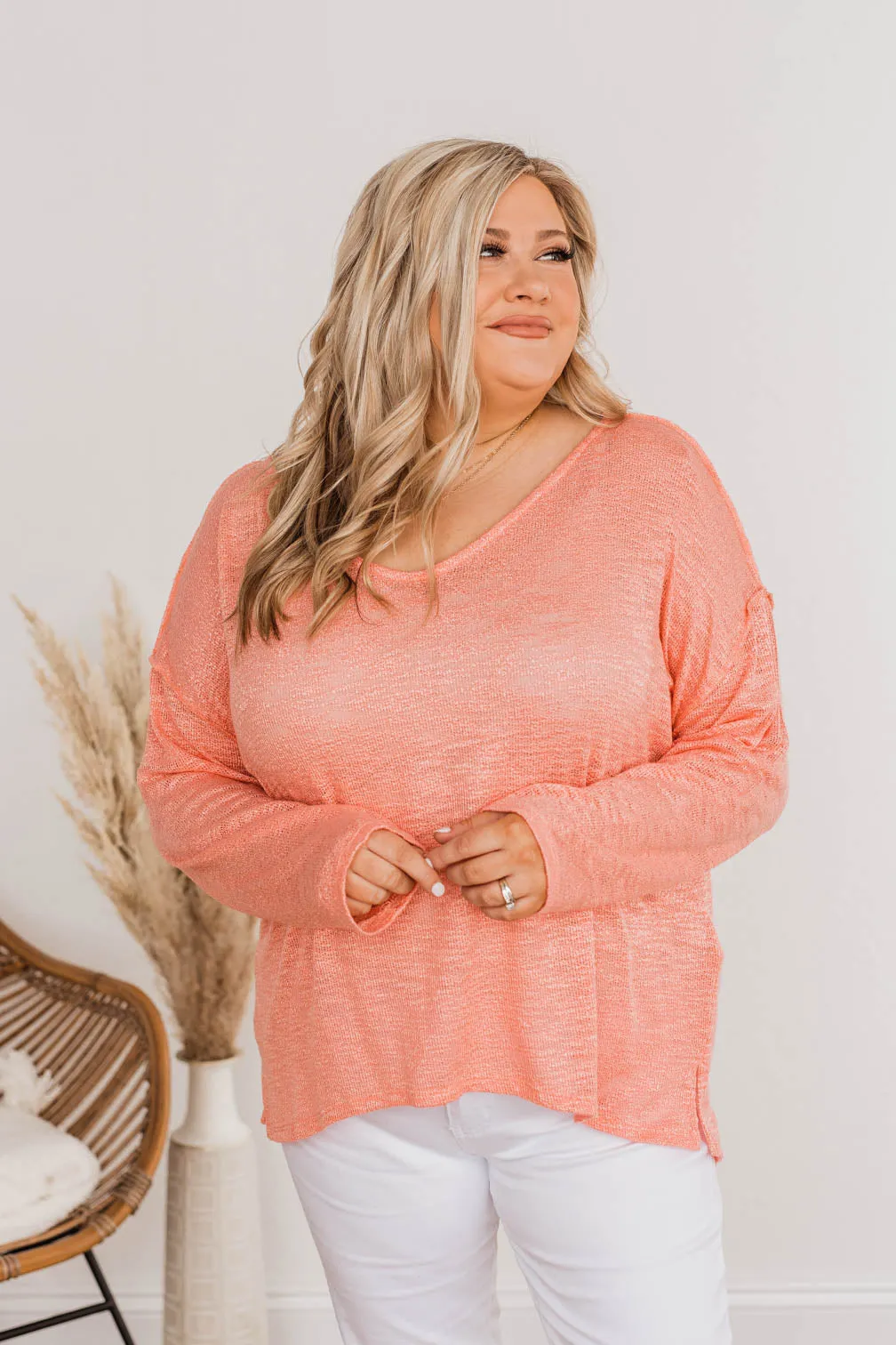 Feeling Breezy Sheer Knit Top- Coral