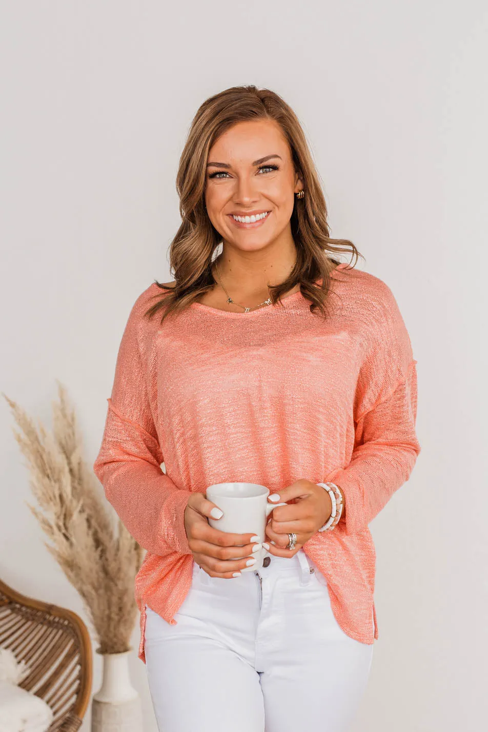 Feeling Breezy Sheer Knit Top- Coral