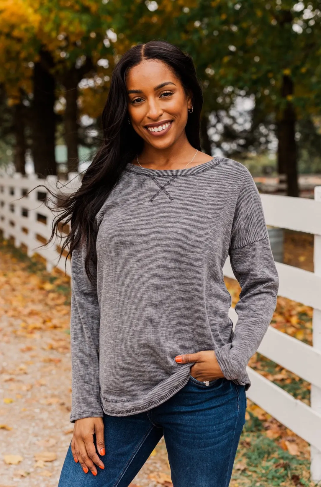 Feeling Lovely Long Sleeve Shirt- Charcoal