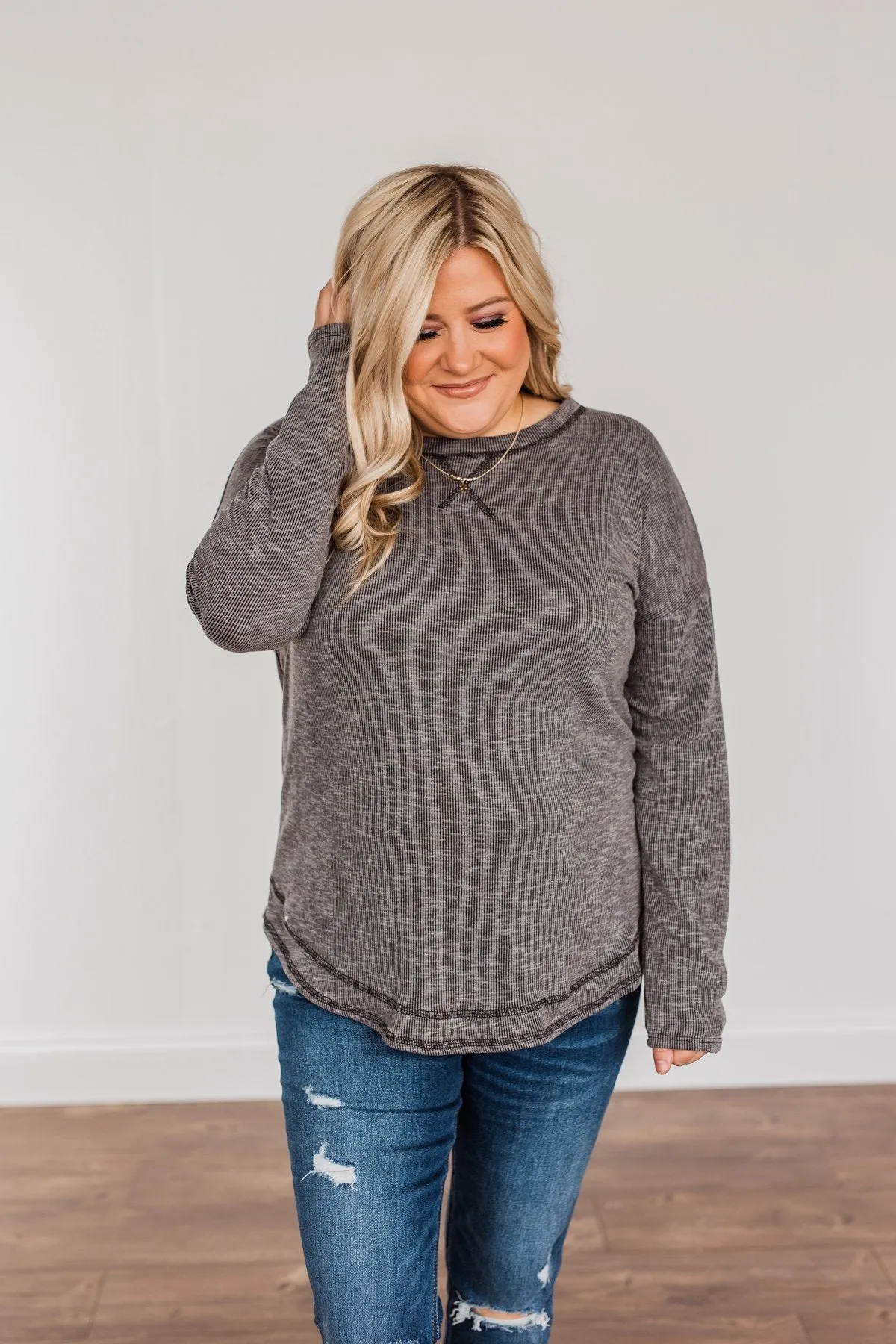 Feeling Lovely Long Sleeve Shirt- Charcoal