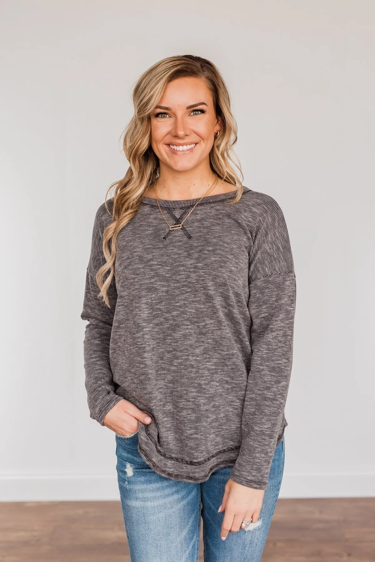 Feeling Lovely Long Sleeve Shirt- Charcoal