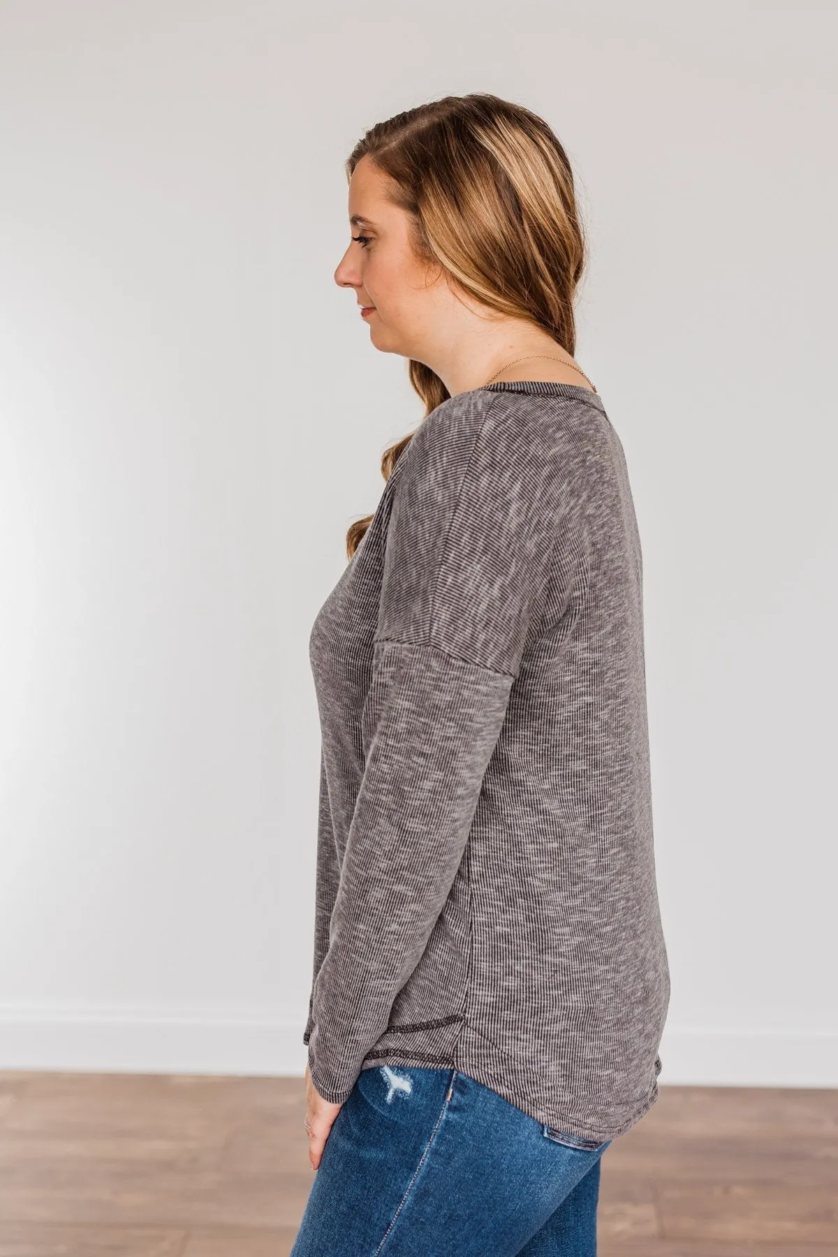 Feeling Lovely Long Sleeve Shirt- Charcoal