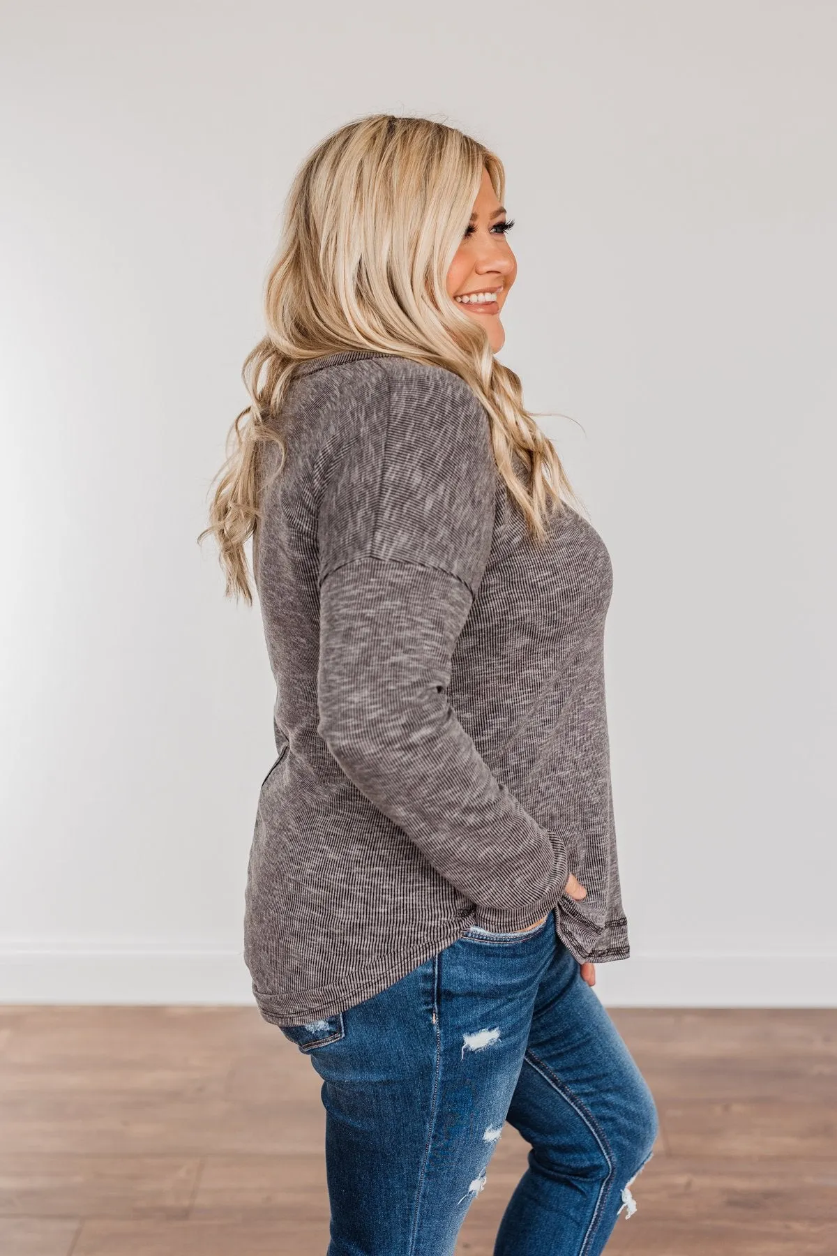 Feeling Lovely Long Sleeve Shirt- Charcoal