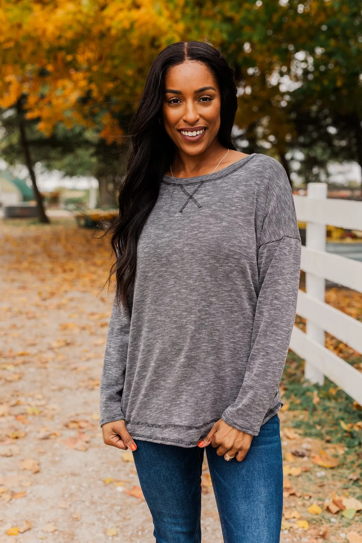 Feeling Lovely Long Sleeve Shirt- Charcoal