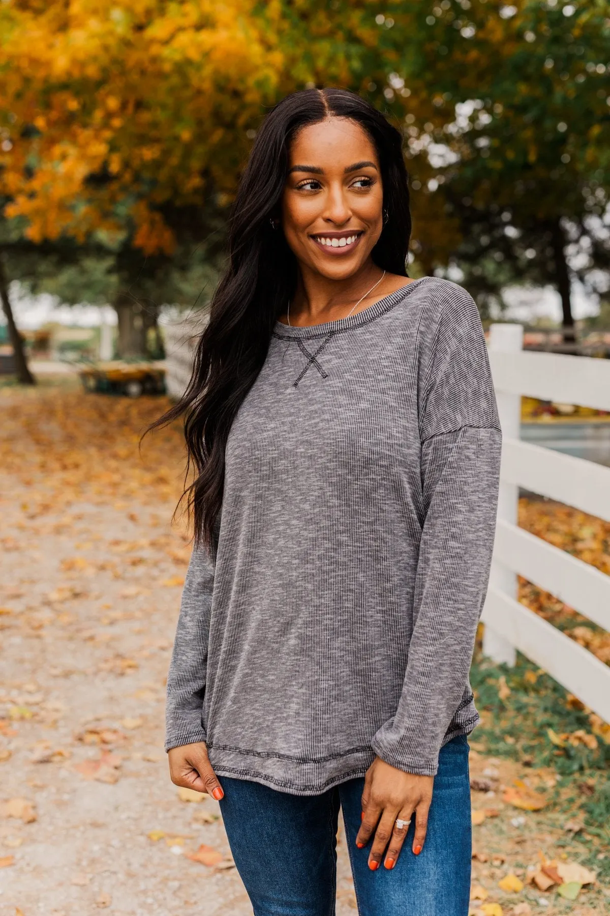 Feeling Lovely Long Sleeve Shirt- Charcoal