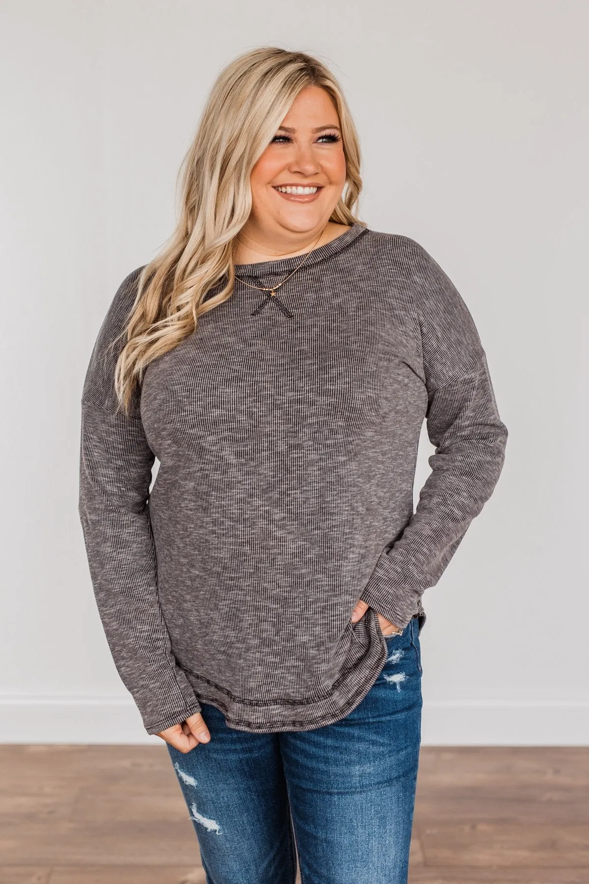 Feeling Lovely Long Sleeve Shirt- Charcoal