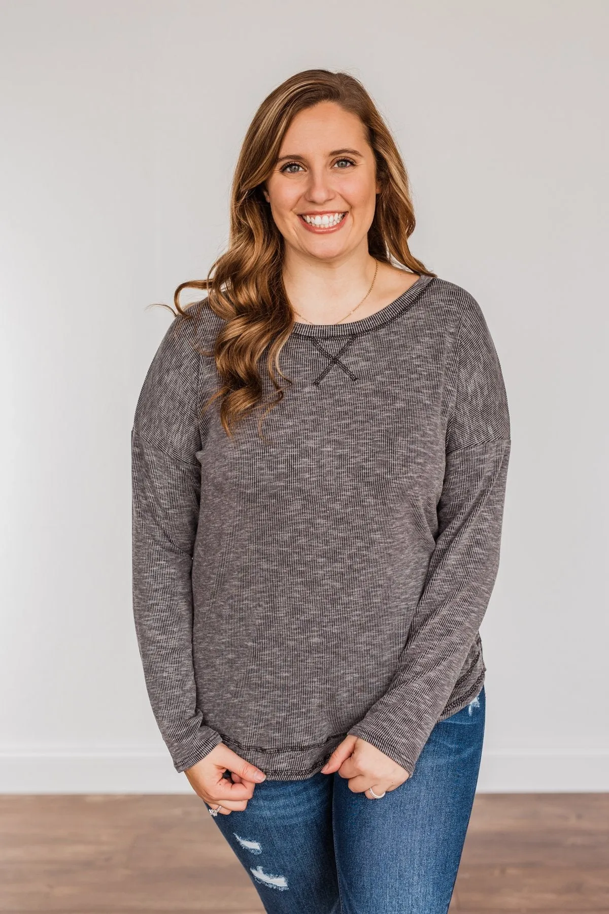 Feeling Lovely Long Sleeve Shirt- Charcoal