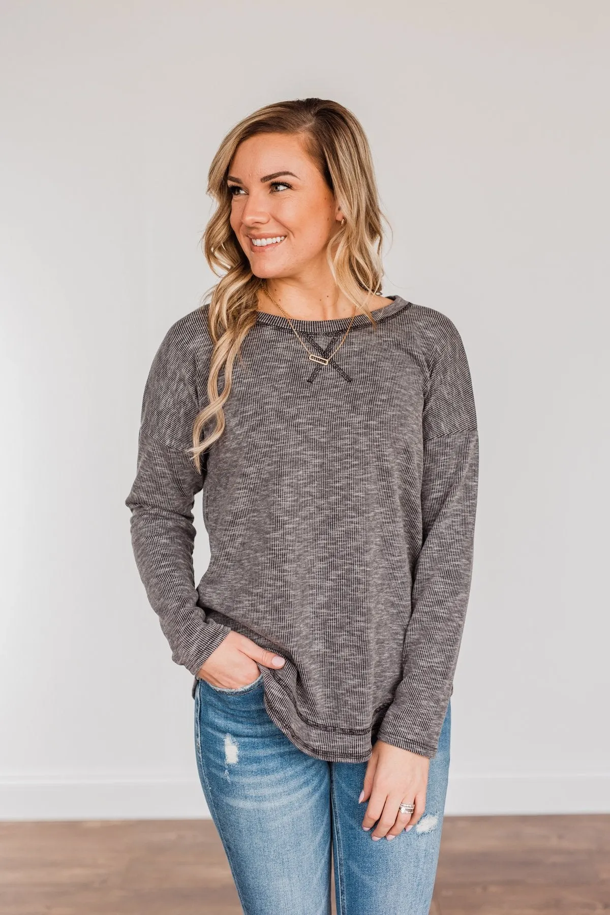 Feeling Lovely Long Sleeve Shirt- Charcoal