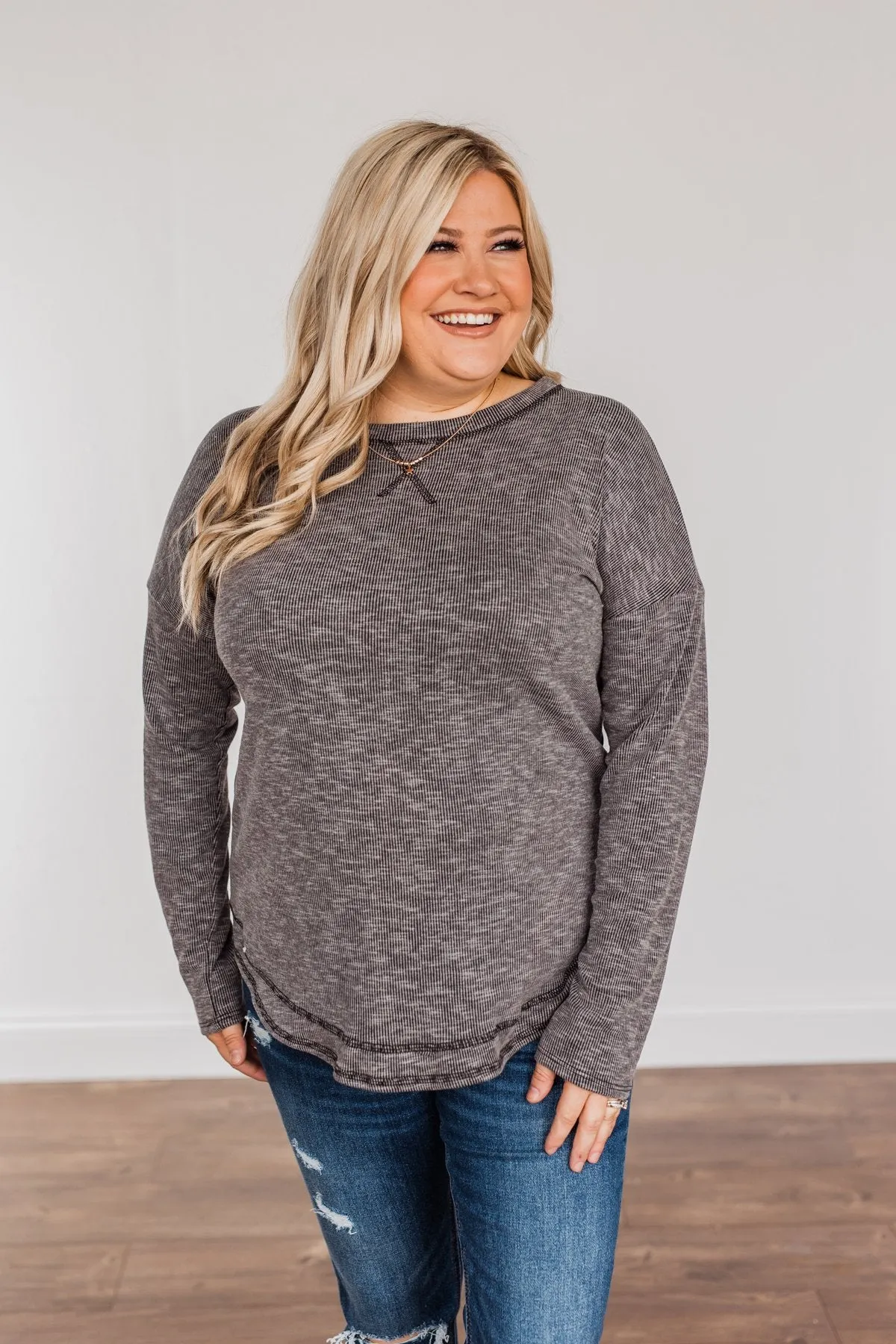 Feeling Lovely Long Sleeve Shirt- Charcoal