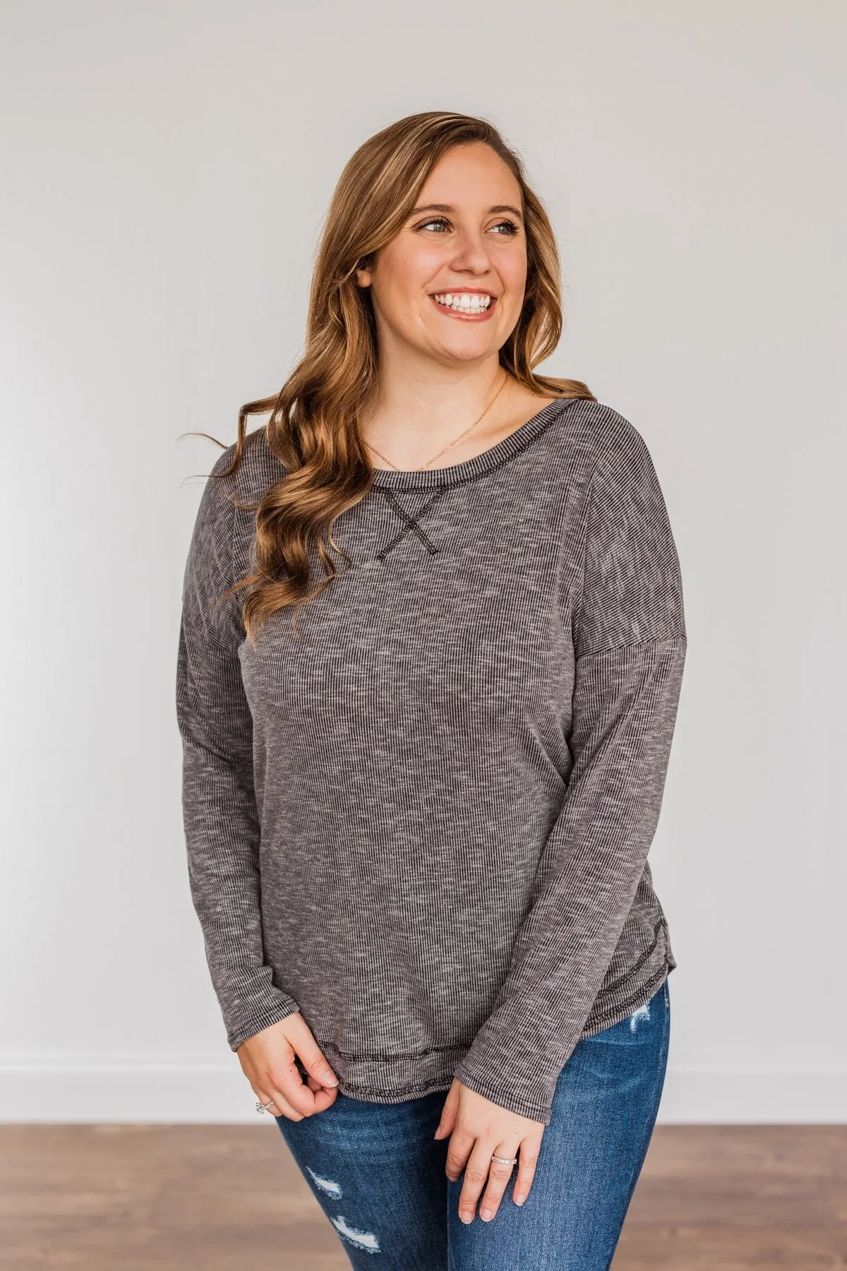 Feeling Lovely Long Sleeve Shirt- Charcoal